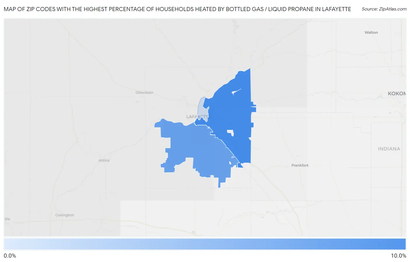 Zip Codes with the Highest Percentage of Households Heated by Bottled Gas / Liquid Propane in Lafayette Map