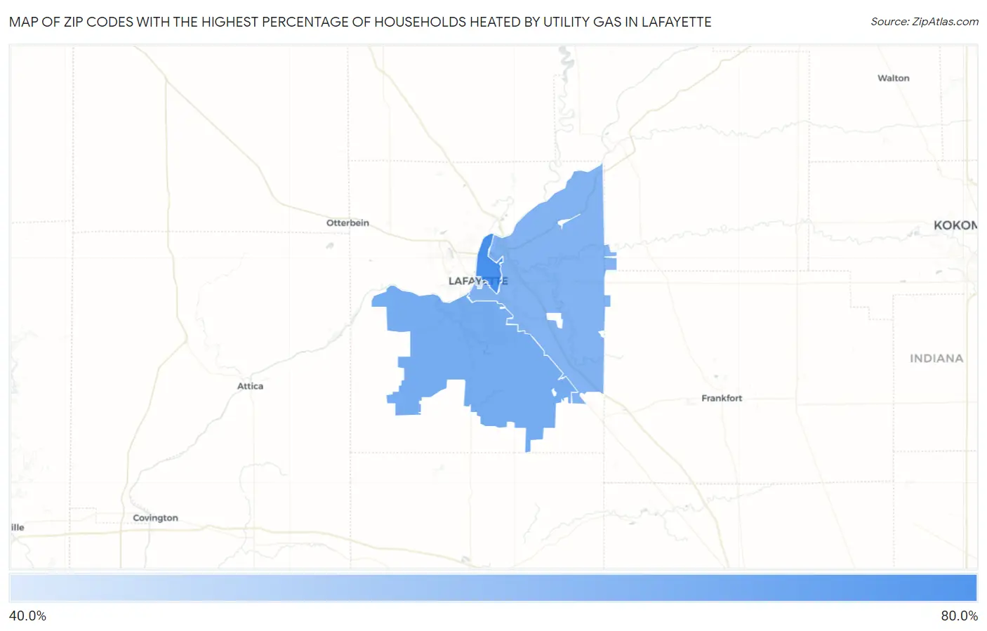 Zip Codes with the Highest Percentage of Households Heated by Utility Gas in Lafayette Map