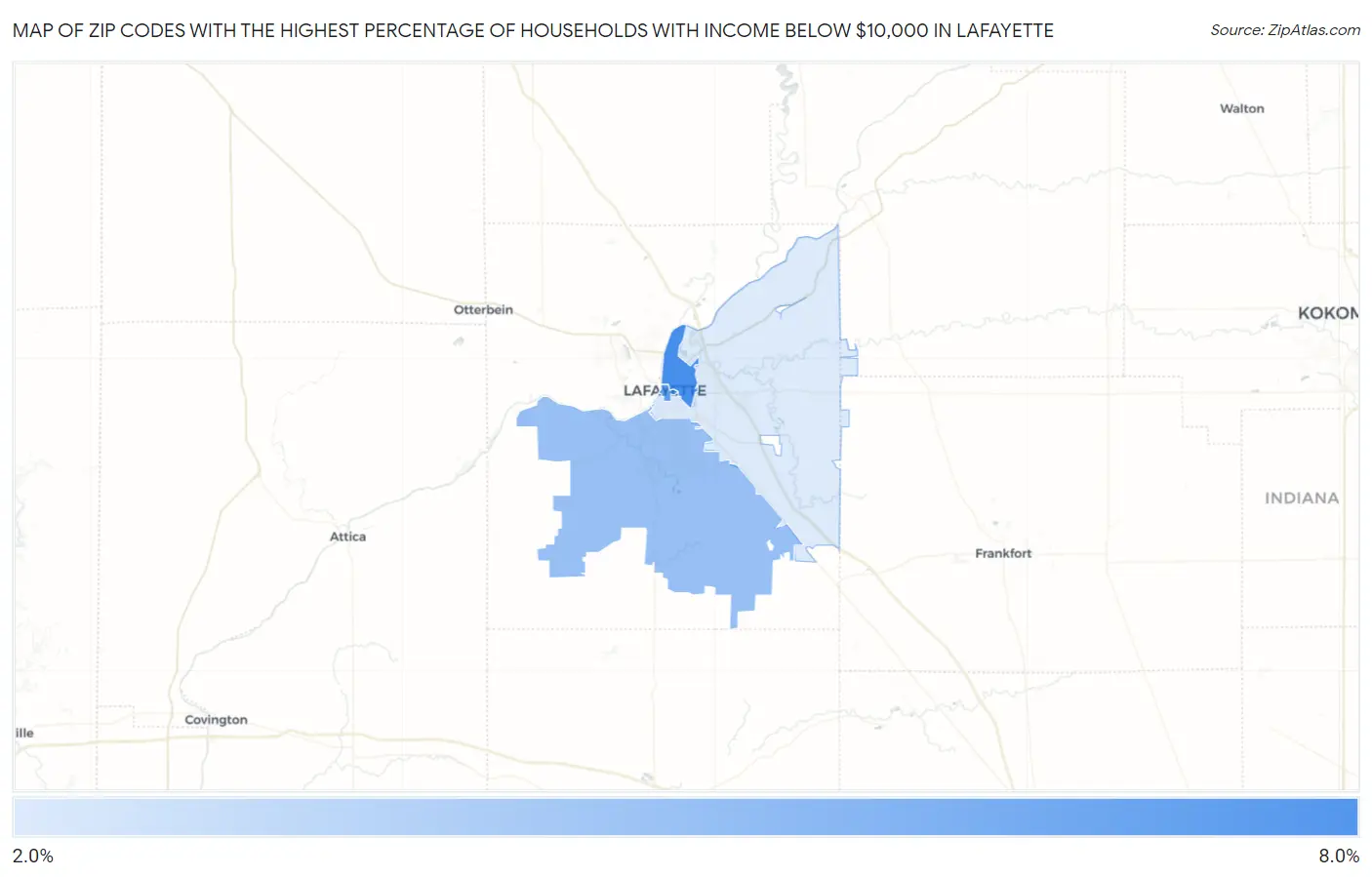 Zip Codes with the Highest Percentage of Households with Income Below $10,000 in Lafayette Map