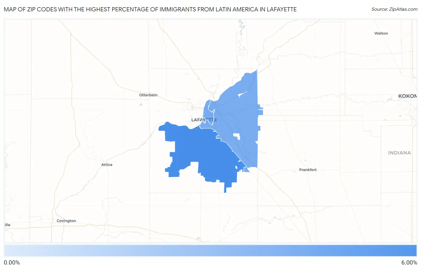 Zip Codes with the Highest Percentage of Immigrants from Latin America in Lafayette Map