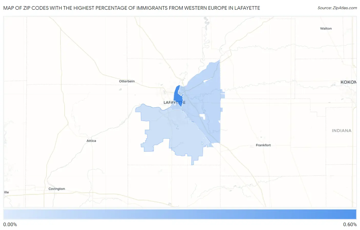 Zip Codes with the Highest Percentage of Immigrants from Western Europe in Lafayette Map