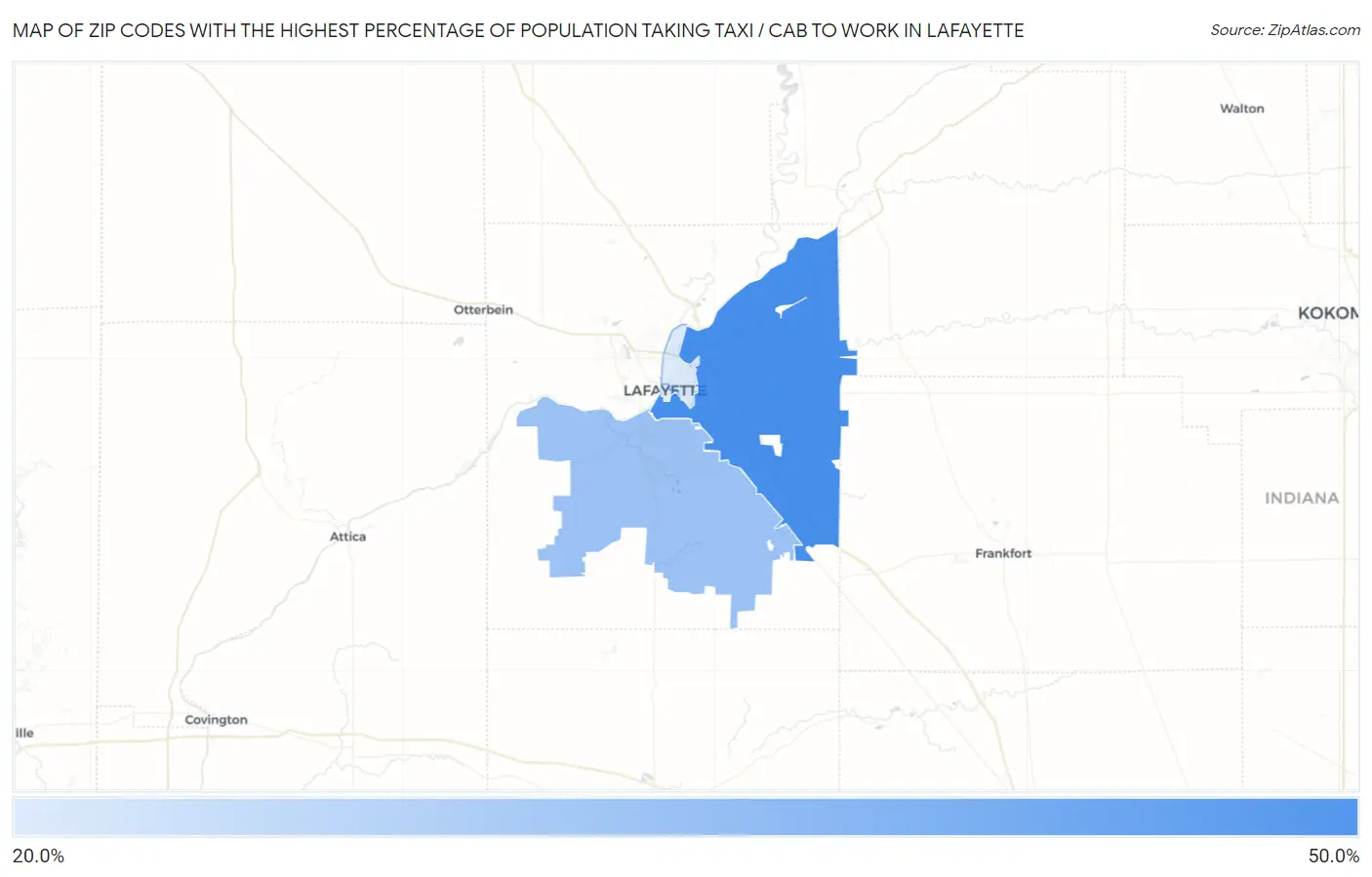 Zip Codes with the Highest Percentage of Population Taking Taxi / Cab to Work in Lafayette Map