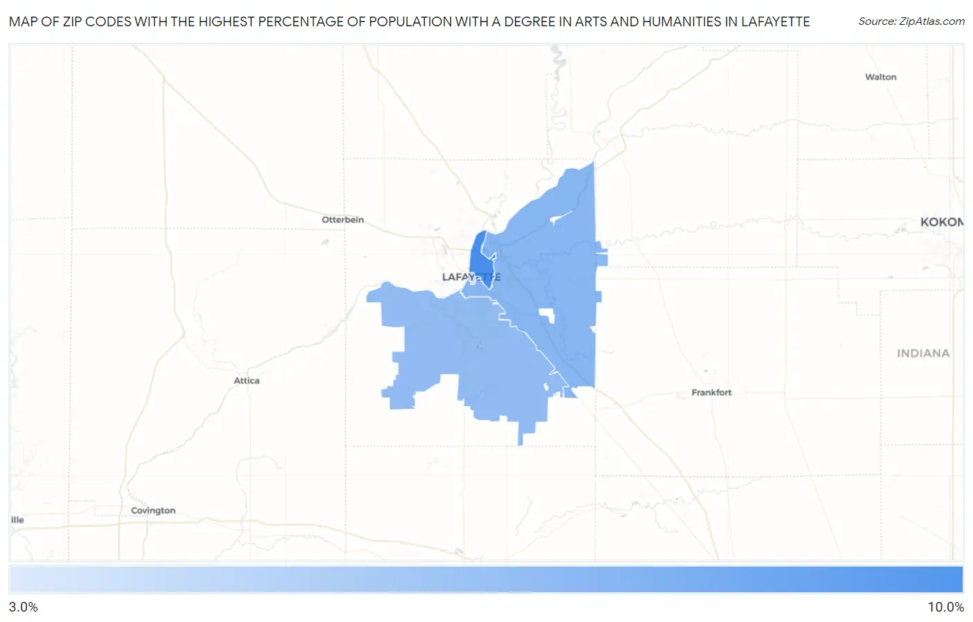 Zip Codes with the Highest Percentage of Population with a Degree in Arts and Humanities in Lafayette Map