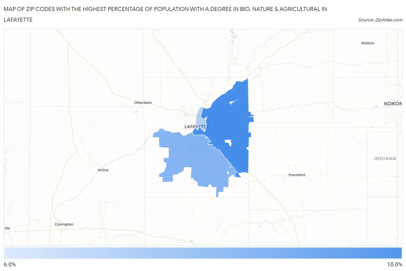Zip Codes with the Highest Percentage of Population with a Degree in Bio, Nature & Agricultural in Lafayette Map