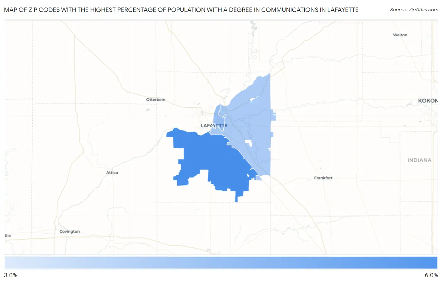Zip Codes with the Highest Percentage of Population with a Degree in Communications in Lafayette Map