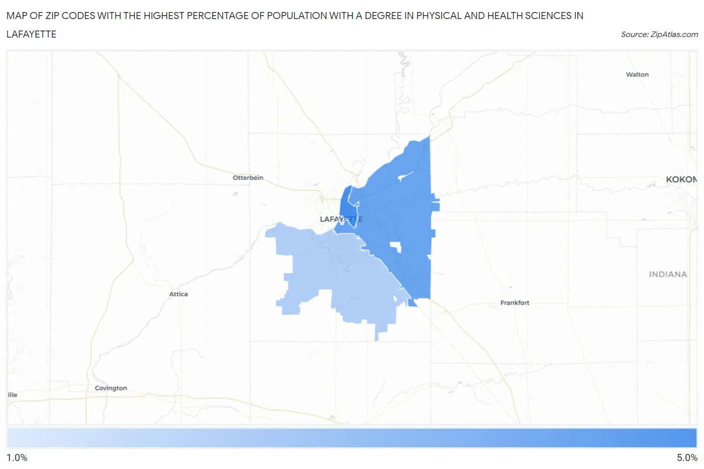 Zip Codes with the Highest Percentage of Population with a Degree in Physical and Health Sciences in Lafayette Map