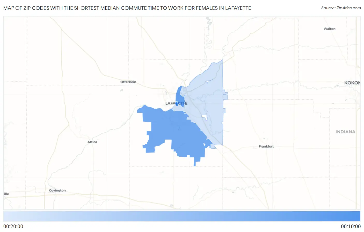 Zip Codes with the Shortest Median Commute Time to Work for Females in Lafayette Map