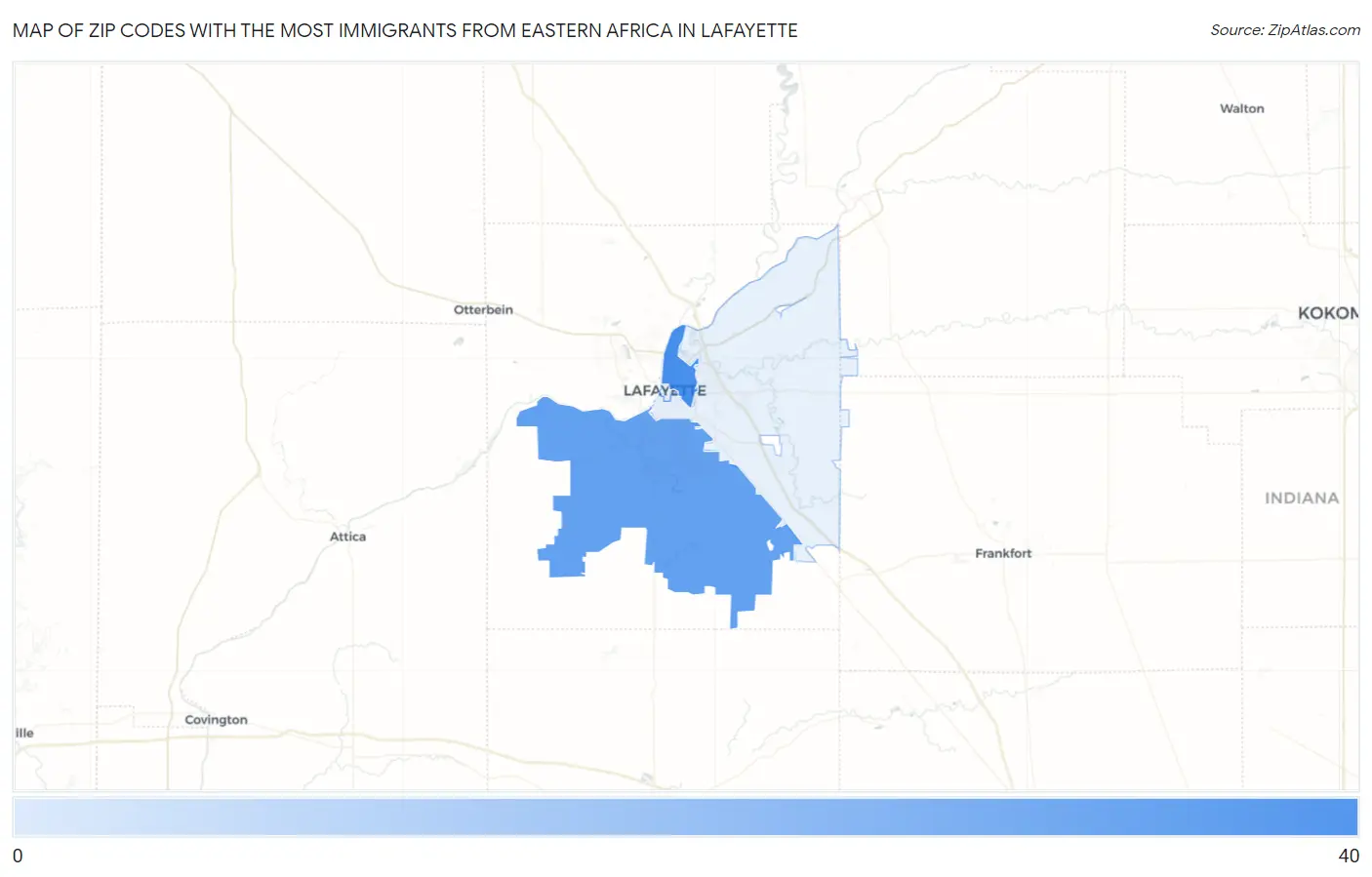 Zip Codes with the Most Immigrants from Eastern Africa in Lafayette Map