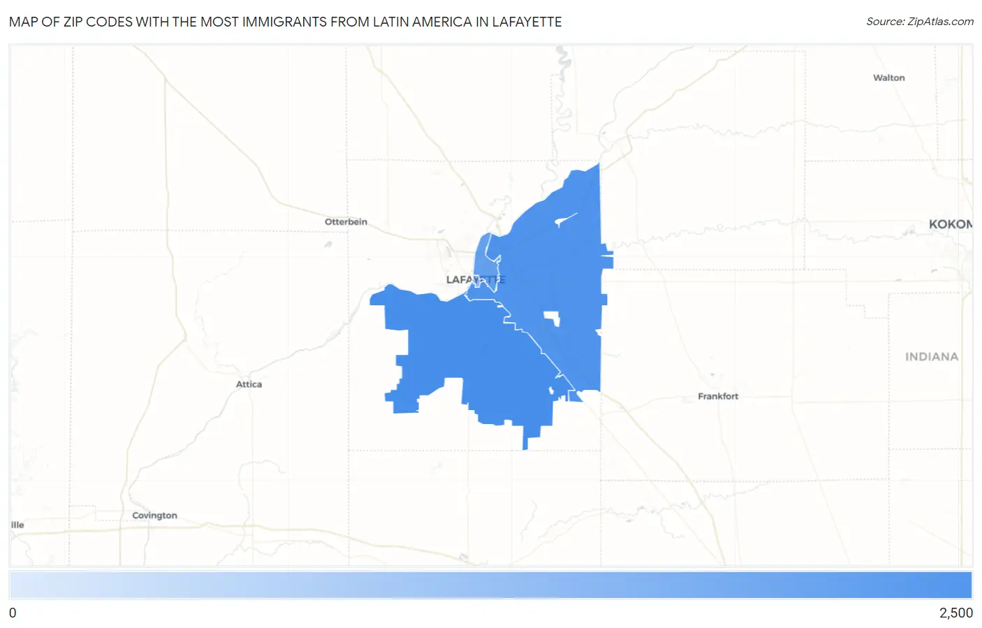 Zip Codes with the Most Immigrants from Latin America in Lafayette Map