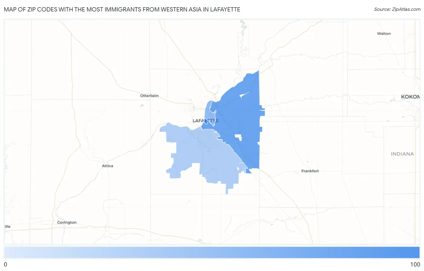 Zip Codes with the Most Immigrants from Western Asia in Lafayette Map