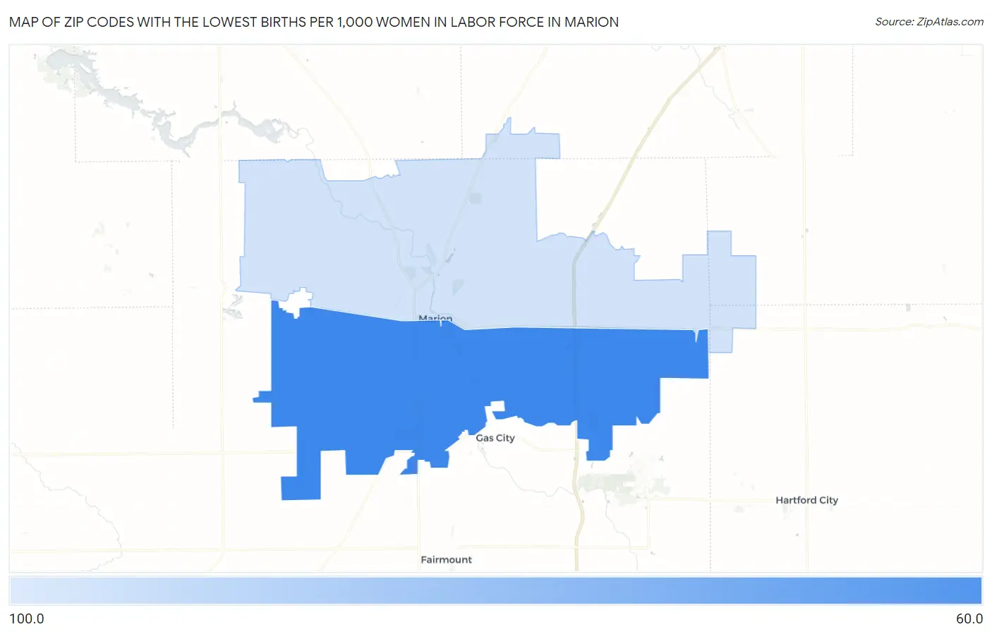 Zip Codes with the Lowest Births per 1,000 Women in Labor Force in Marion Map