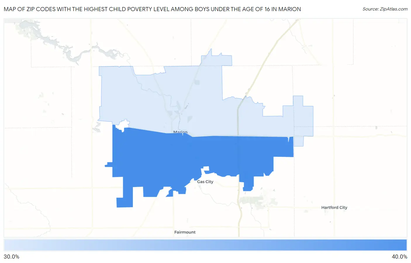 Zip Codes with the Highest Child Poverty Level Among Boys Under the Age of 16 in Marion Map