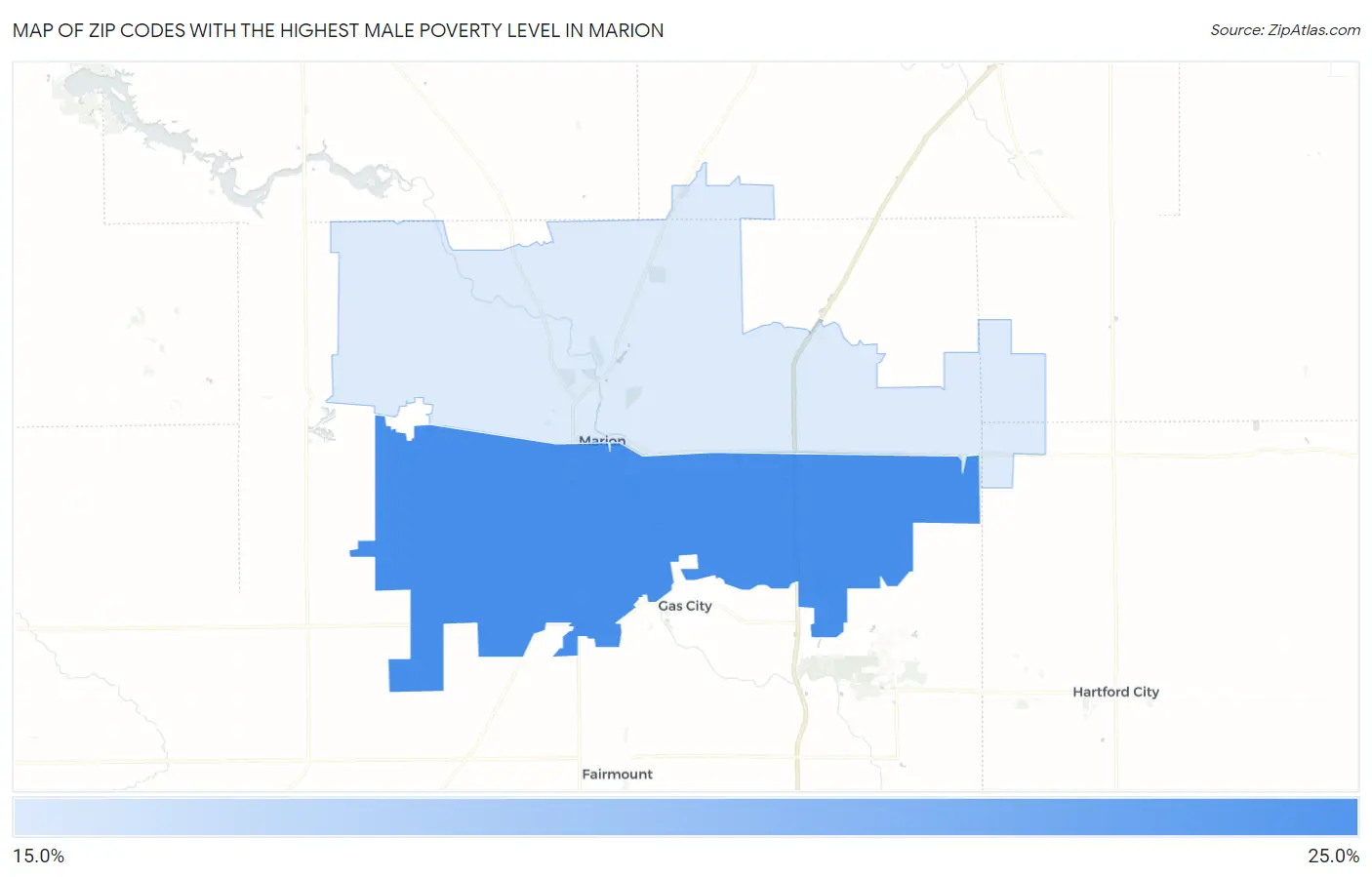 Zip Codes with the Highest Male Poverty Level in Marion Map