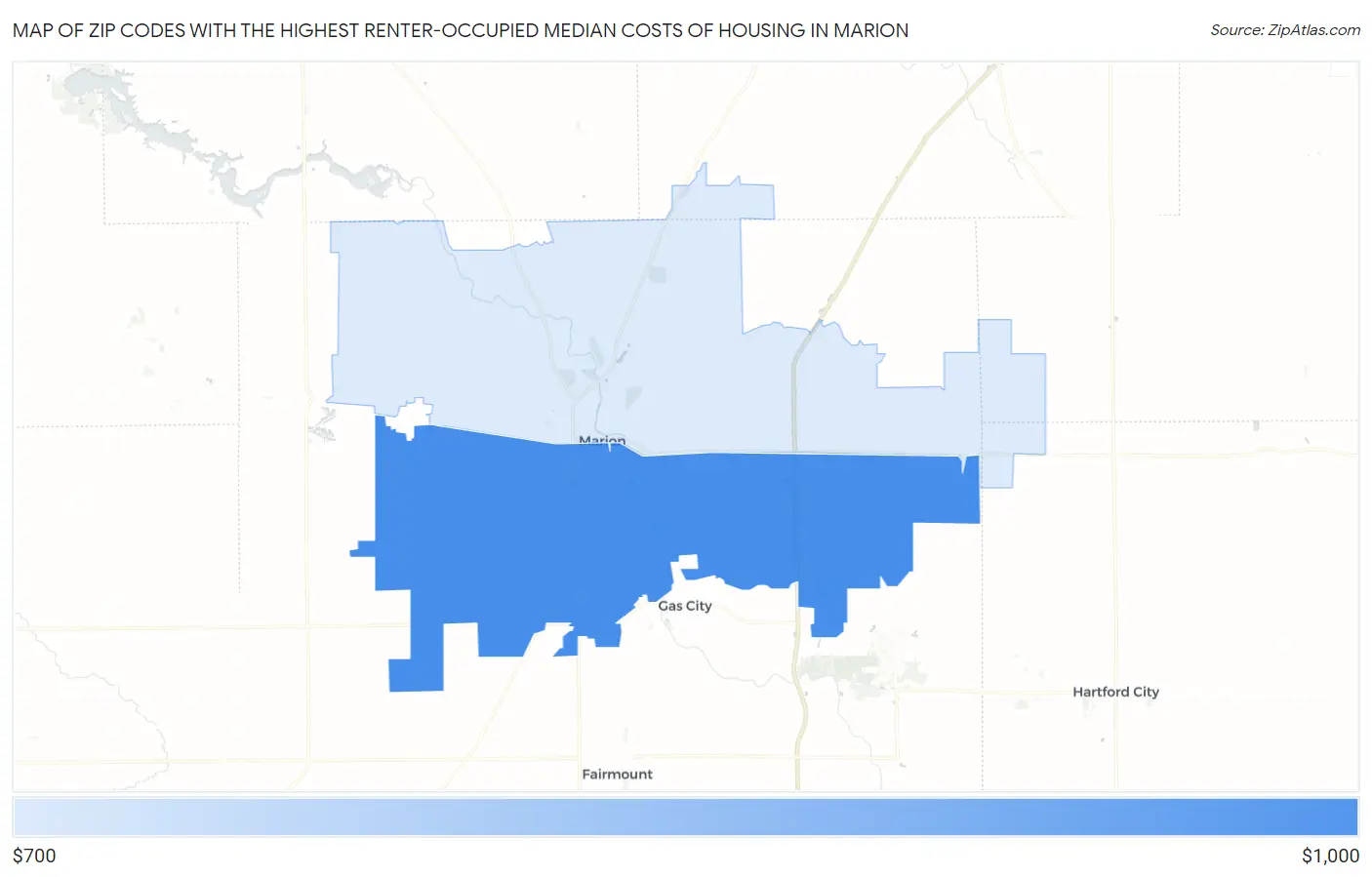 Zip Codes with the Highest Renter-Occupied Median Costs of Housing in Marion Map