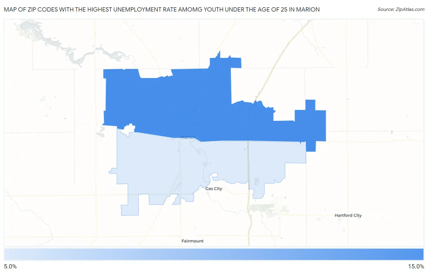 Zip Codes with the Highest Unemployment Rate Amomg Youth Under the Age of 25 in Marion Map