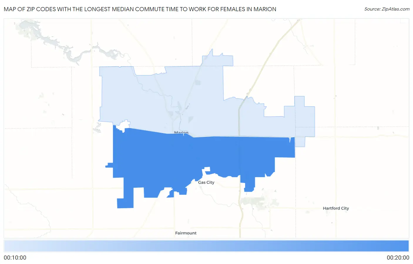 Zip Codes with the Longest Median Commute Time to Work for Females in Marion Map