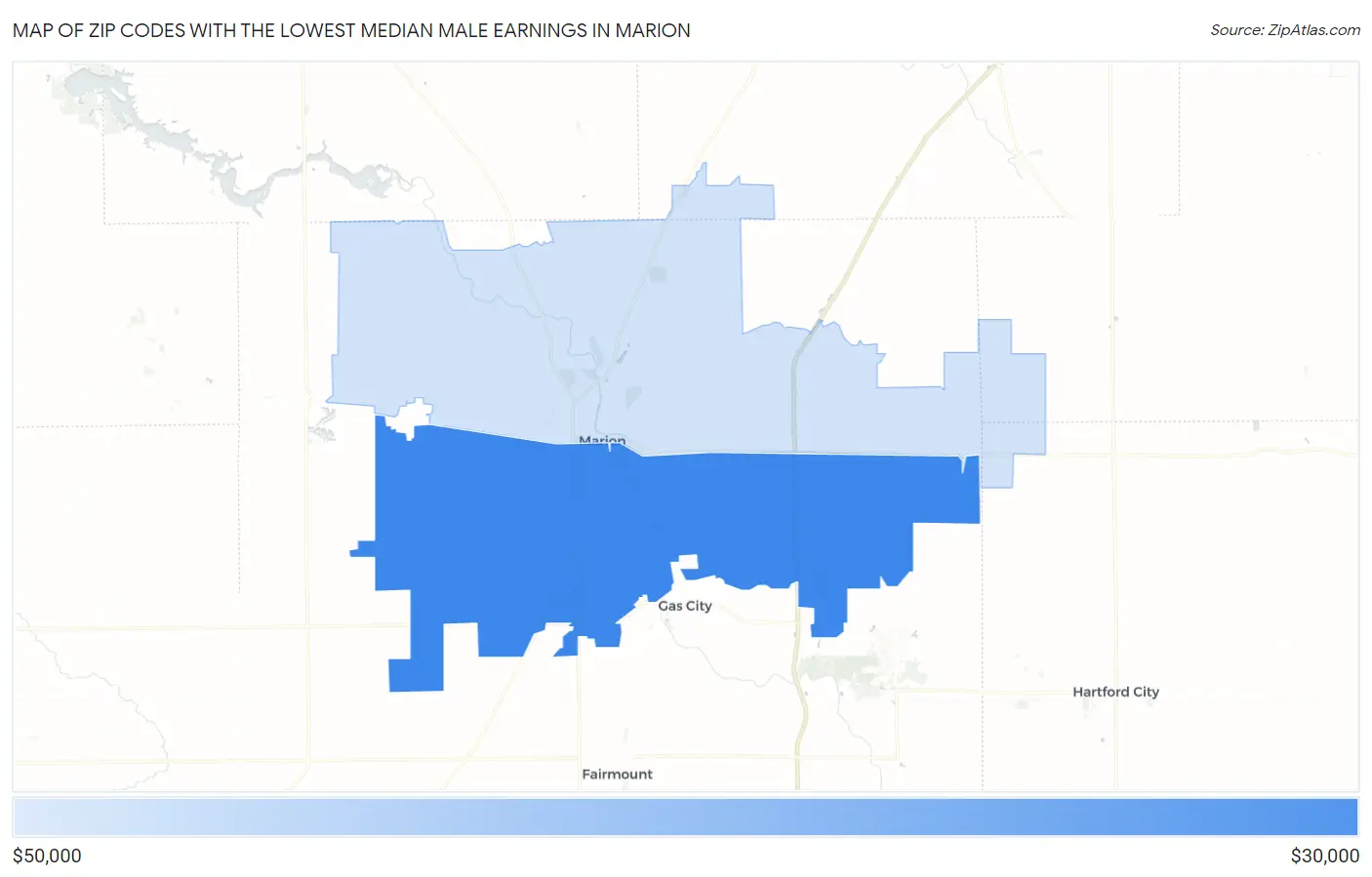 Zip Codes with the Lowest Median Male Earnings in Marion Map