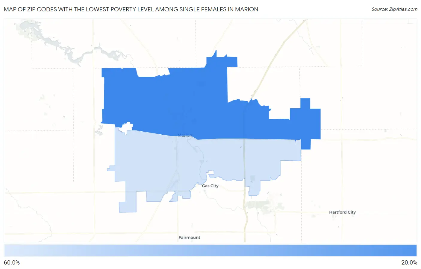 Zip Codes with the Lowest Poverty Level Among Single Females in Marion Map