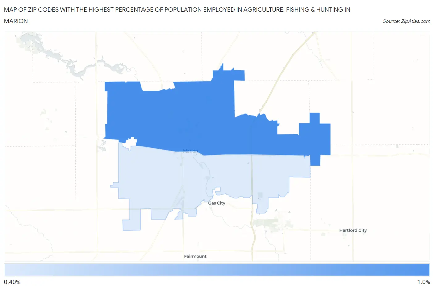 Zip Codes with the Highest Percentage of Population Employed in Agriculture, Fishing & Hunting in Marion Map