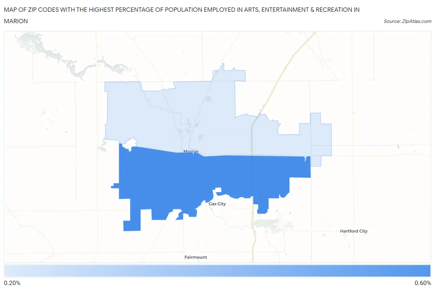 Zip Codes with the Highest Percentage of Population Employed in Arts, Entertainment & Recreation in Marion Map