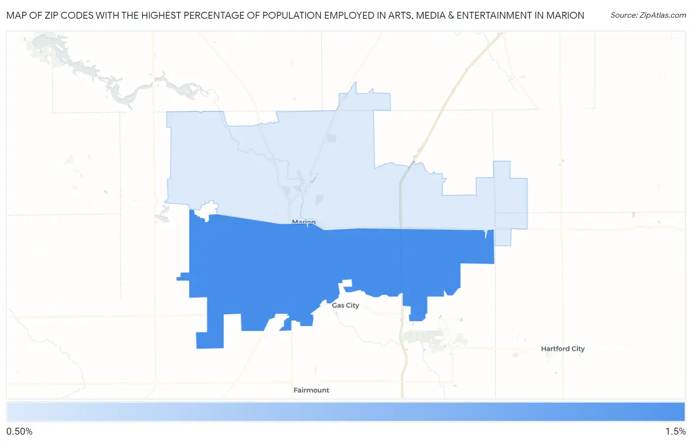 Zip Codes with the Highest Percentage of Population Employed in Arts, Media & Entertainment in Marion Map