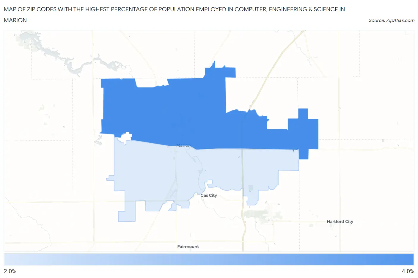 Zip Codes with the Highest Percentage of Population Employed in Computer, Engineering & Science in Marion Map