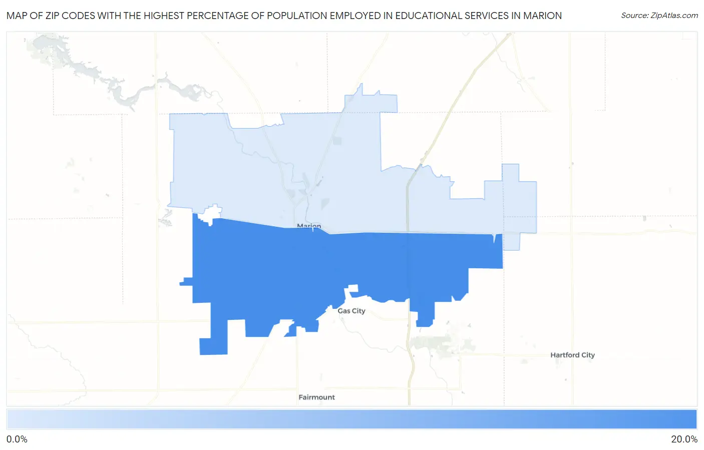 Zip Codes with the Highest Percentage of Population Employed in Educational Services in Marion Map