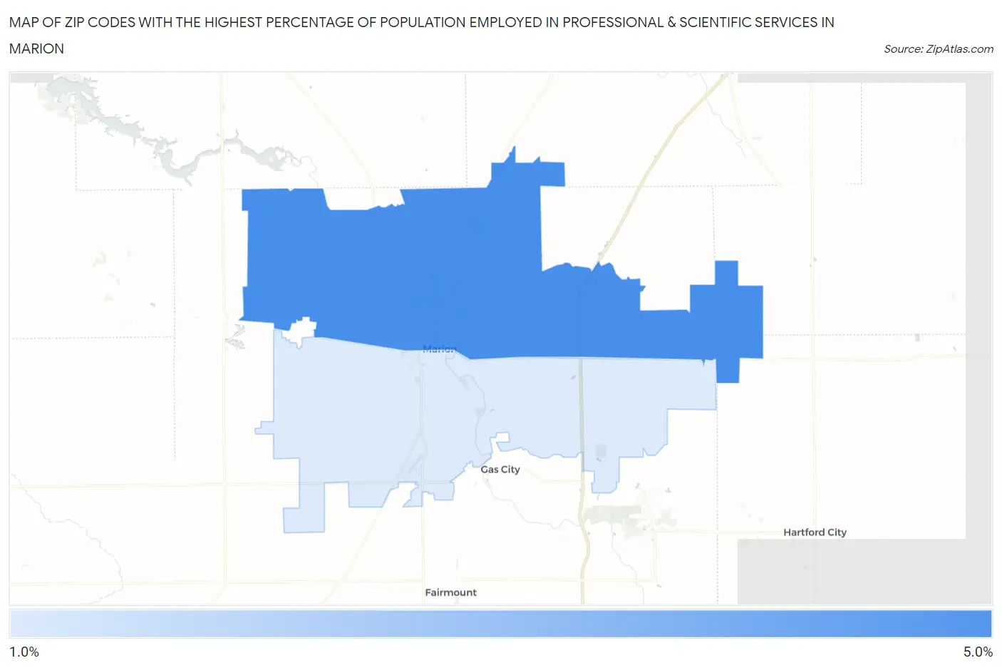 Zip Codes with the Highest Percentage of Population Employed in Professional & Scientific Services in Marion Map