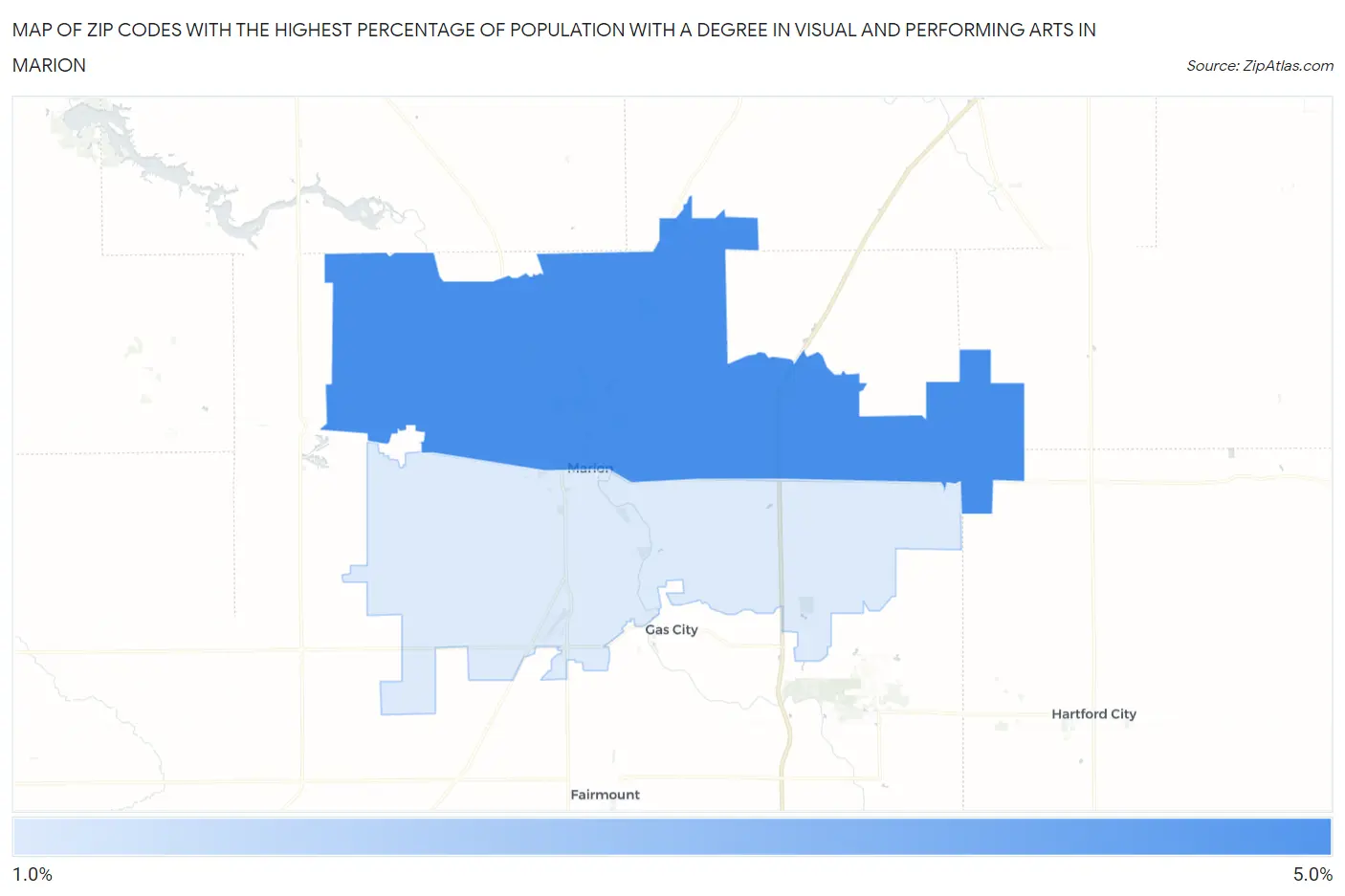 Zip Codes with the Highest Percentage of Population with a Degree in Visual and Performing Arts in Marion Map