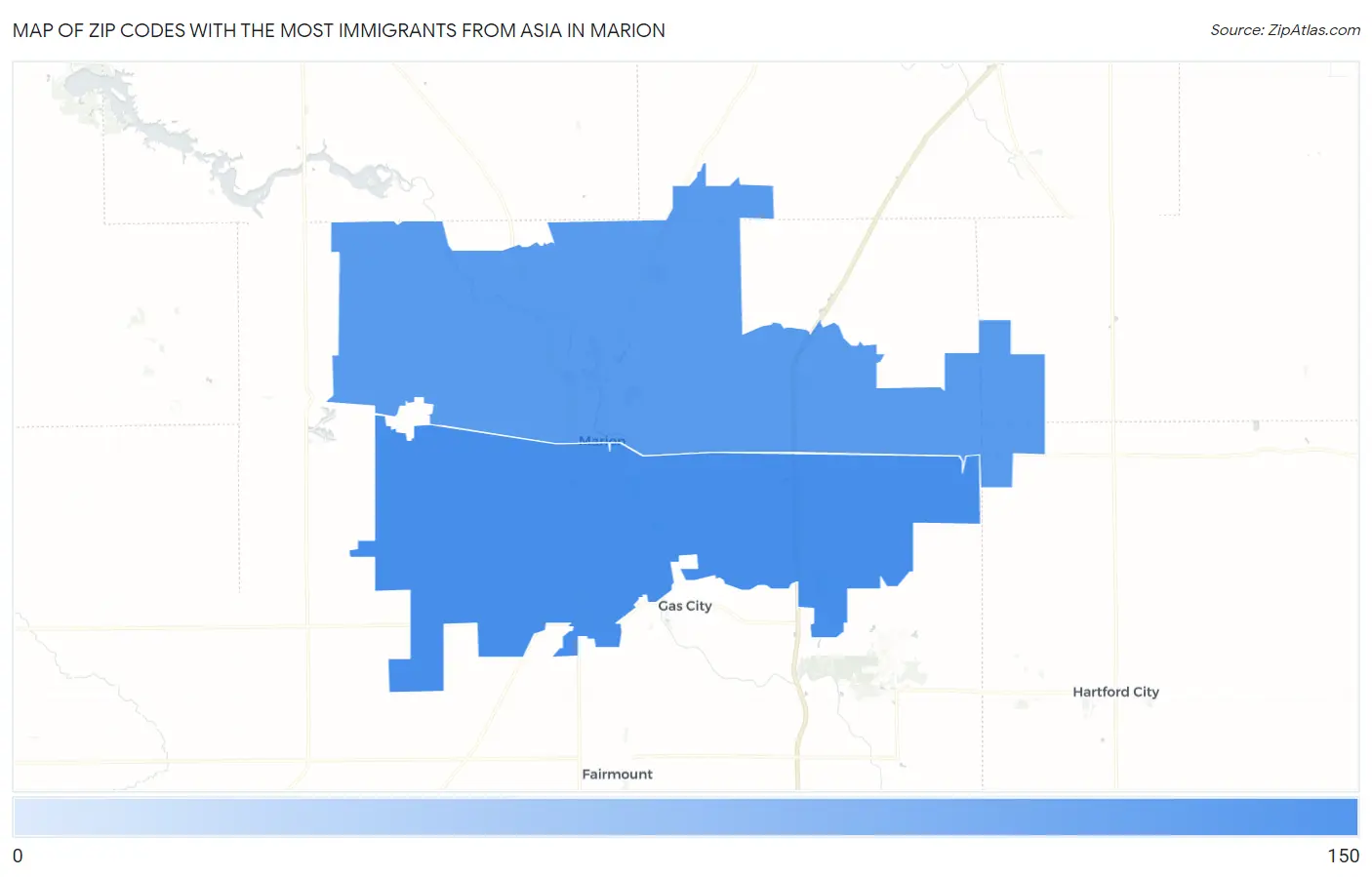 Zip Codes with the Most Immigrants from Asia in Marion Map