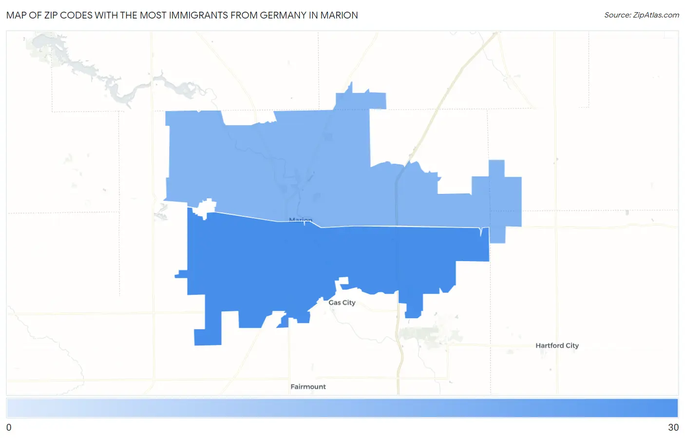 Zip Codes with the Most Immigrants from Germany in Marion Map