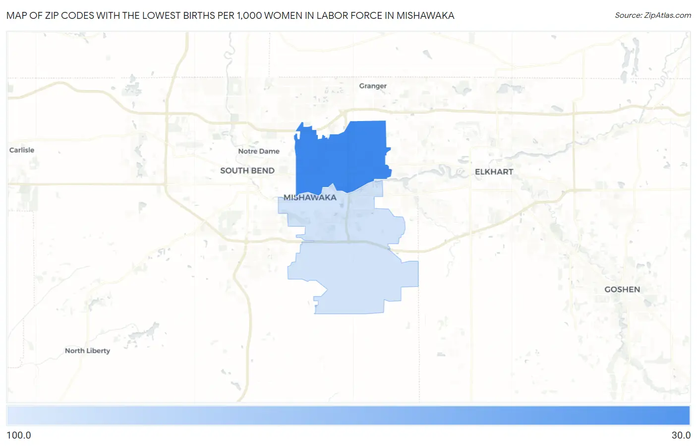 Zip Codes with the Lowest Births per 1,000 Women in Labor Force in Mishawaka Map