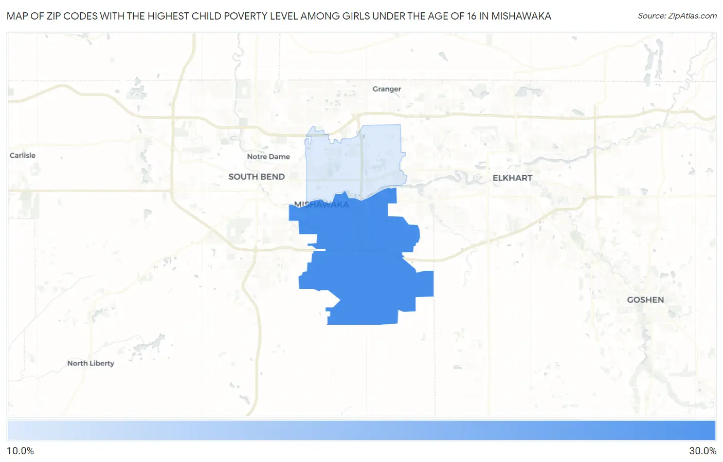 Zip Codes with the Highest Child Poverty Level Among Girls Under the Age of 16 in Mishawaka Map