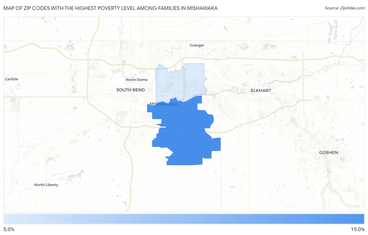 Zip Codes with the Highest Poverty Level Among Families in Mishawaka Map