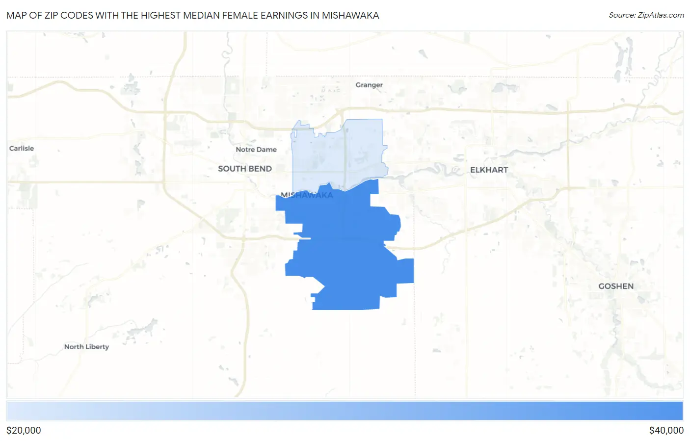Zip Codes with the Highest Median Female Earnings in Mishawaka Map