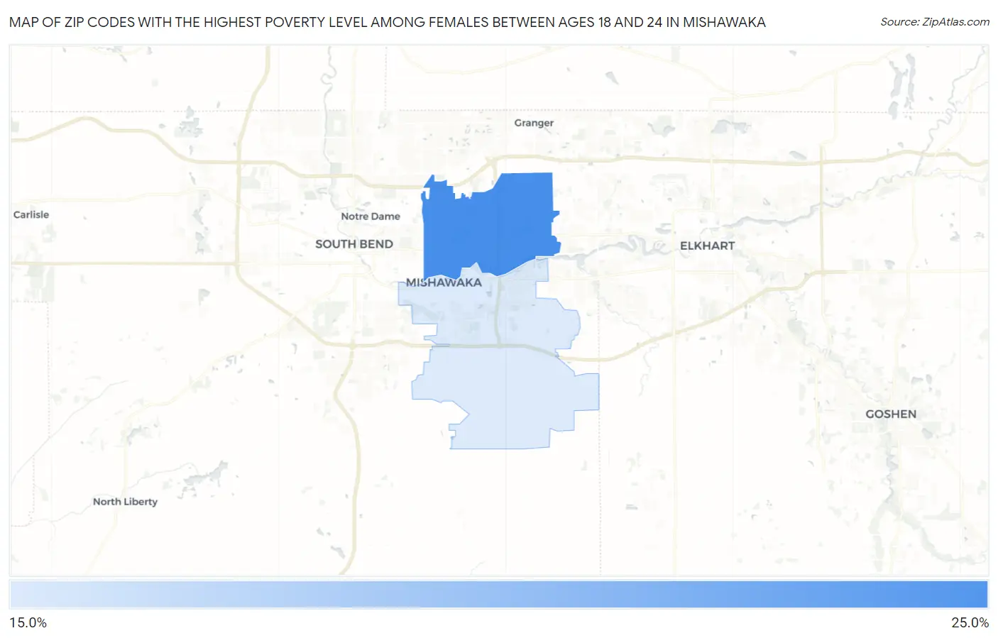Zip Codes with the Highest Poverty Level Among Females Between Ages 18 and 24 in Mishawaka Map
