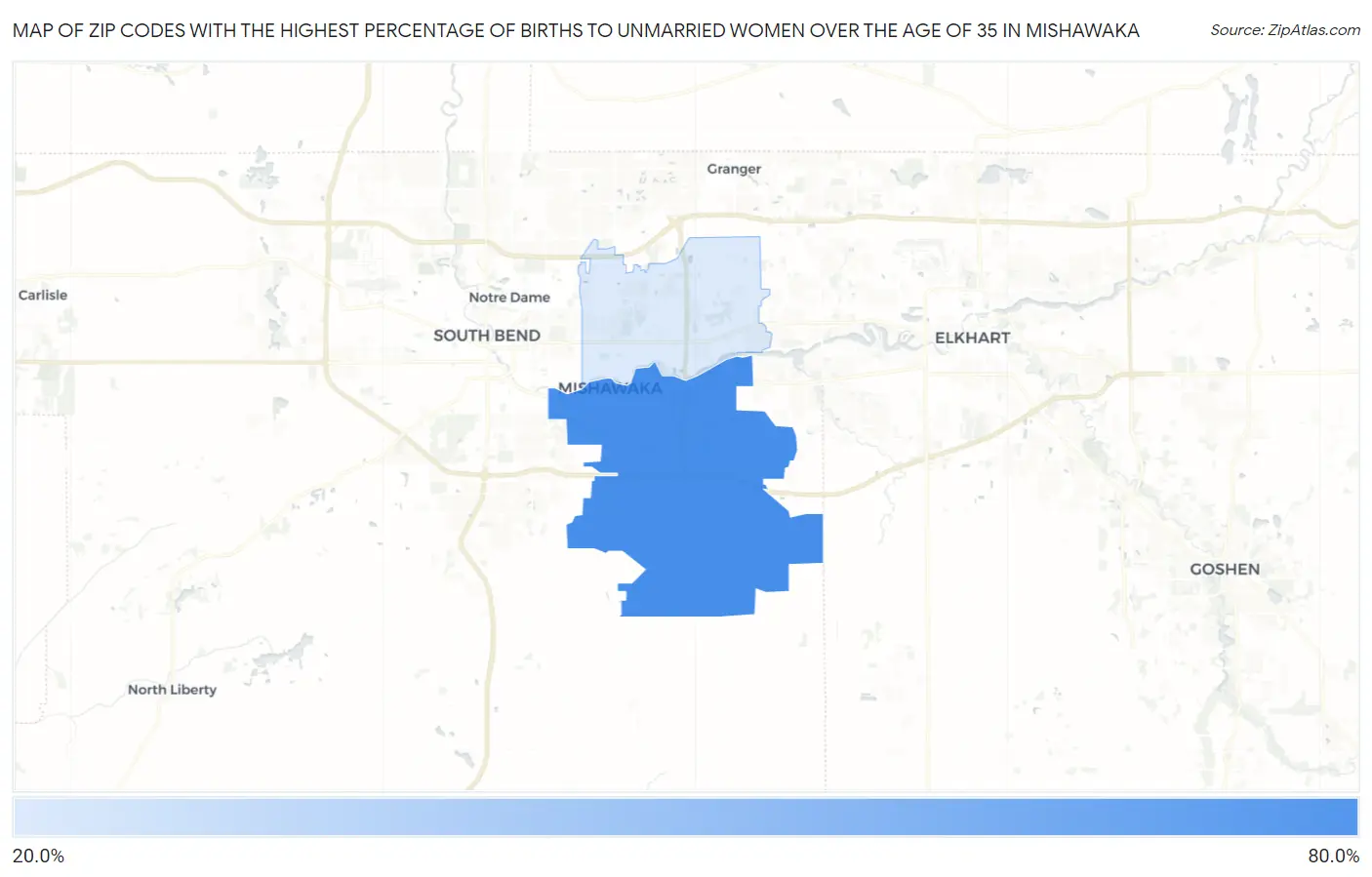 Zip Codes with the Highest Percentage of Births to Unmarried Women over the Age of 35 in Mishawaka Map