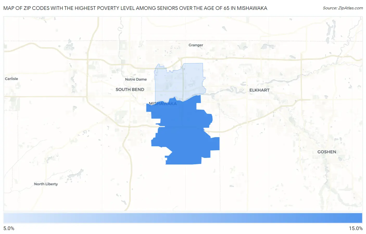 Zip Codes with the Highest Poverty Level Among Seniors Over the Age of 65 in Mishawaka Map