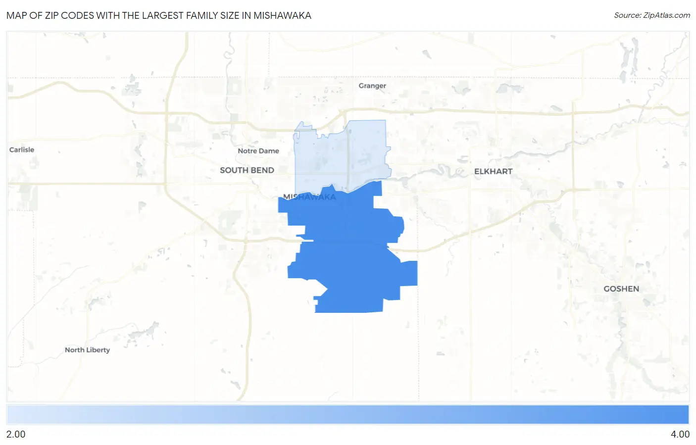 Zip Codes with the Largest Family Size in Mishawaka Map