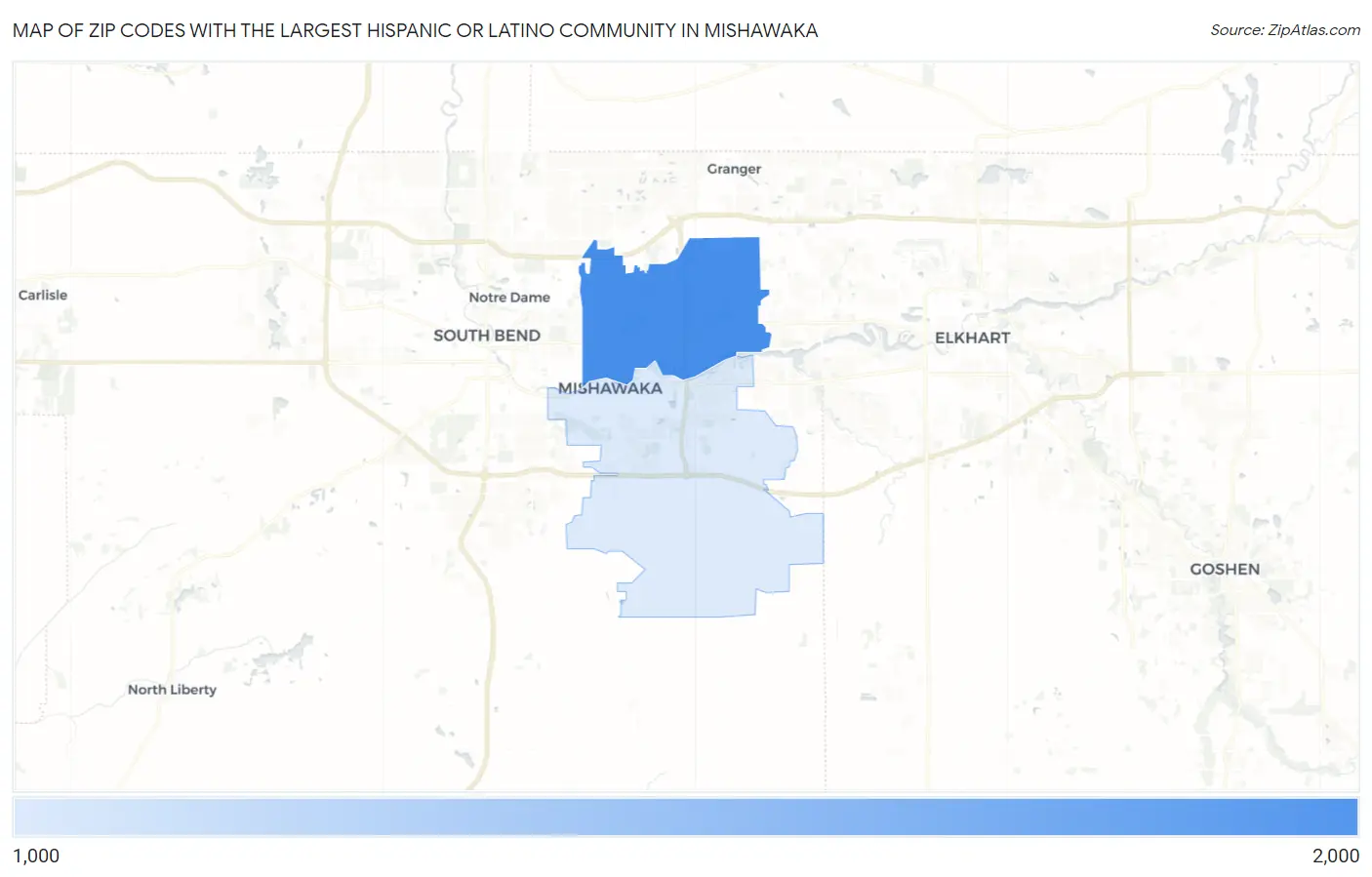 Zip Codes with the Largest Hispanic or Latino Community in Mishawaka Map