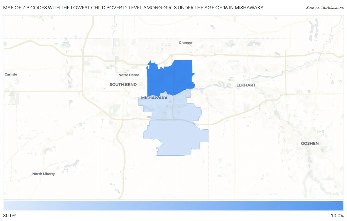Zip Codes with the Lowest Child Poverty Level Among Girls Under the Age of 16 in Mishawaka Map