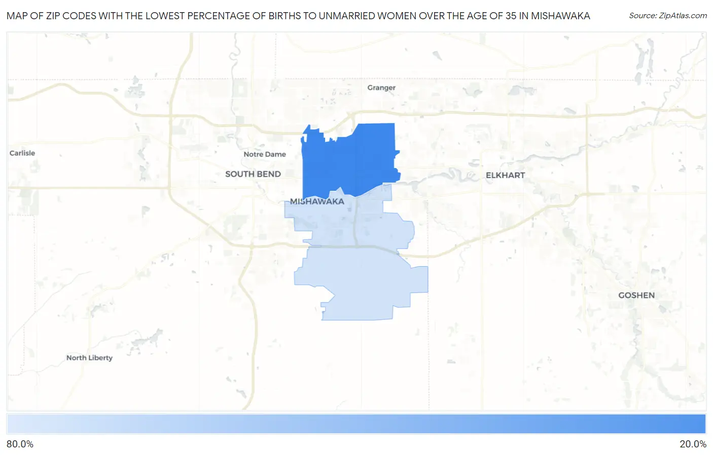 Zip Codes with the Lowest Percentage of Births to Unmarried Women over the Age of 35 in Mishawaka Map