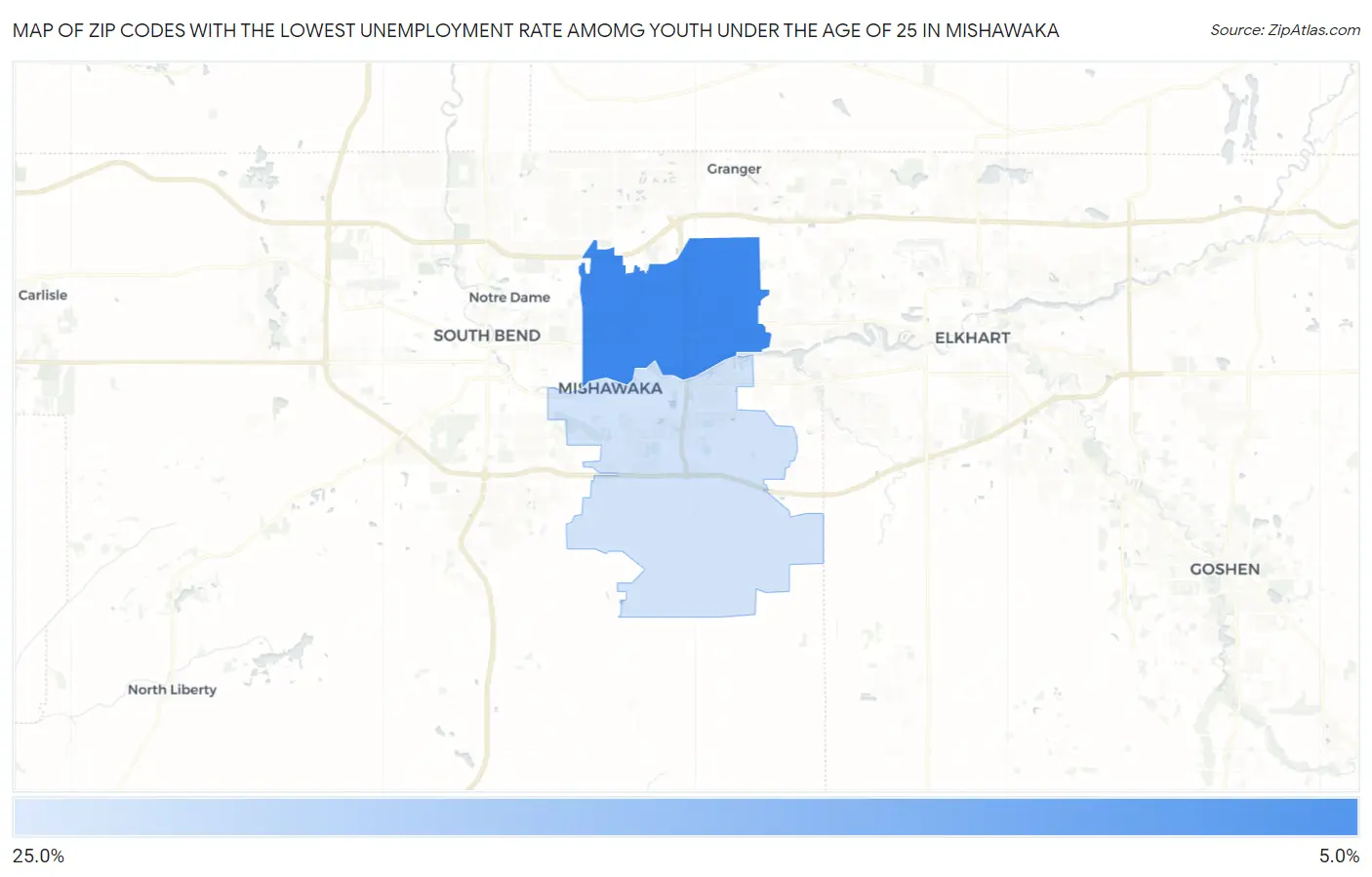 Zip Codes with the Lowest Unemployment Rate Amomg Youth Under the Age of 25 in Mishawaka Map