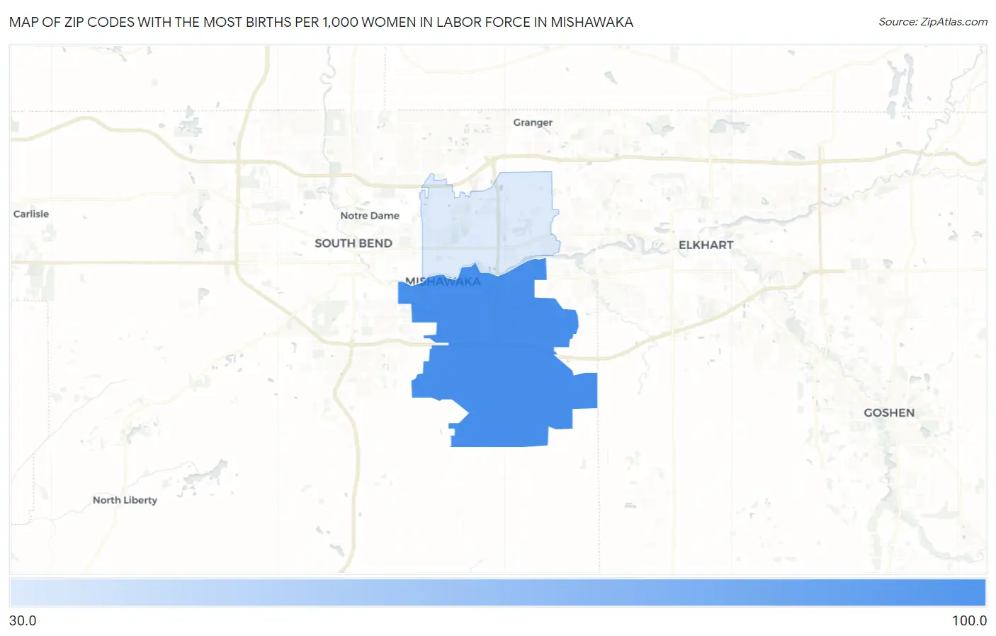 Zip Codes with the Most Births per 1,000 Women in Labor Force in Mishawaka Map