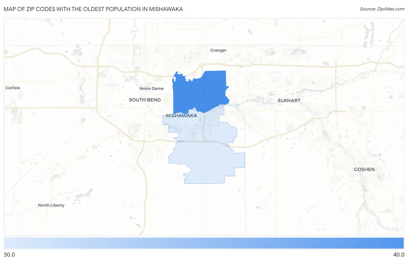 Zip Codes with the Oldest Population in Mishawaka Map
