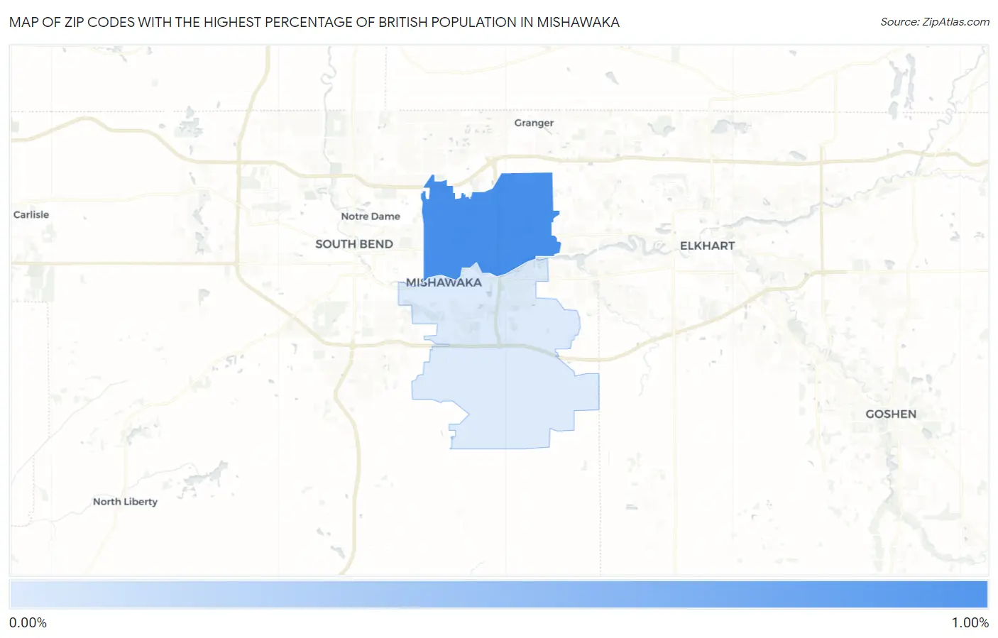 Zip Codes with the Highest Percentage of British Population in Mishawaka Map
