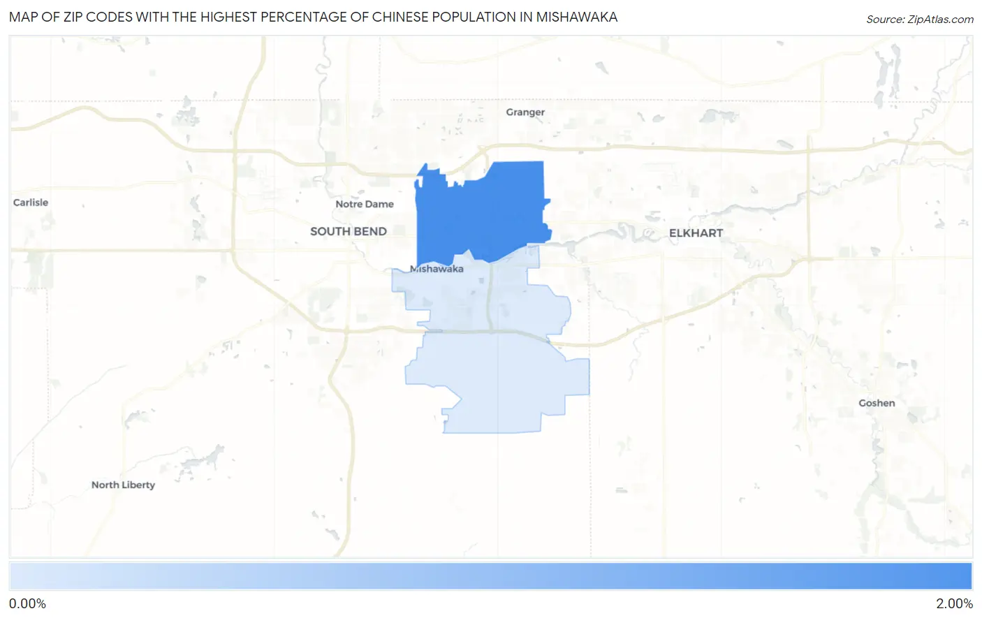 Zip Codes with the Highest Percentage of Chinese Population in Mishawaka Map