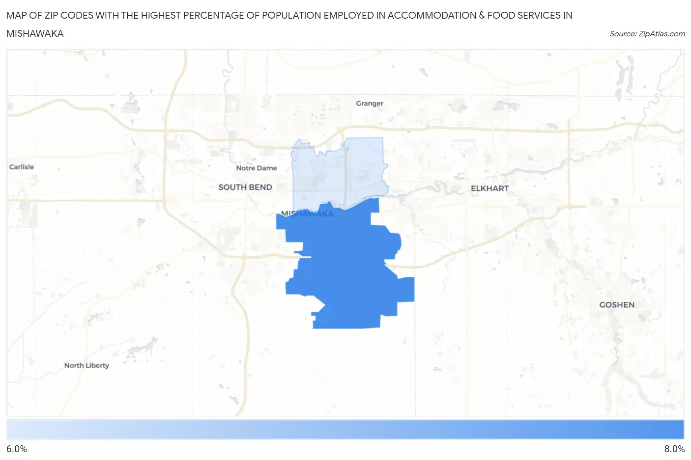 Zip Codes with the Highest Percentage of Population Employed in Accommodation & Food Services in Mishawaka Map