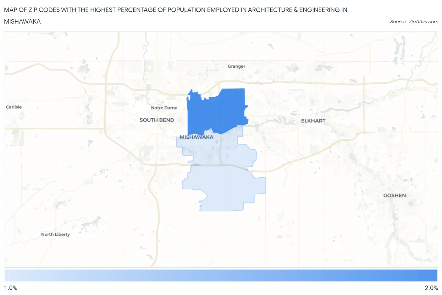 Zip Codes with the Highest Percentage of Population Employed in Architecture & Engineering in Mishawaka Map