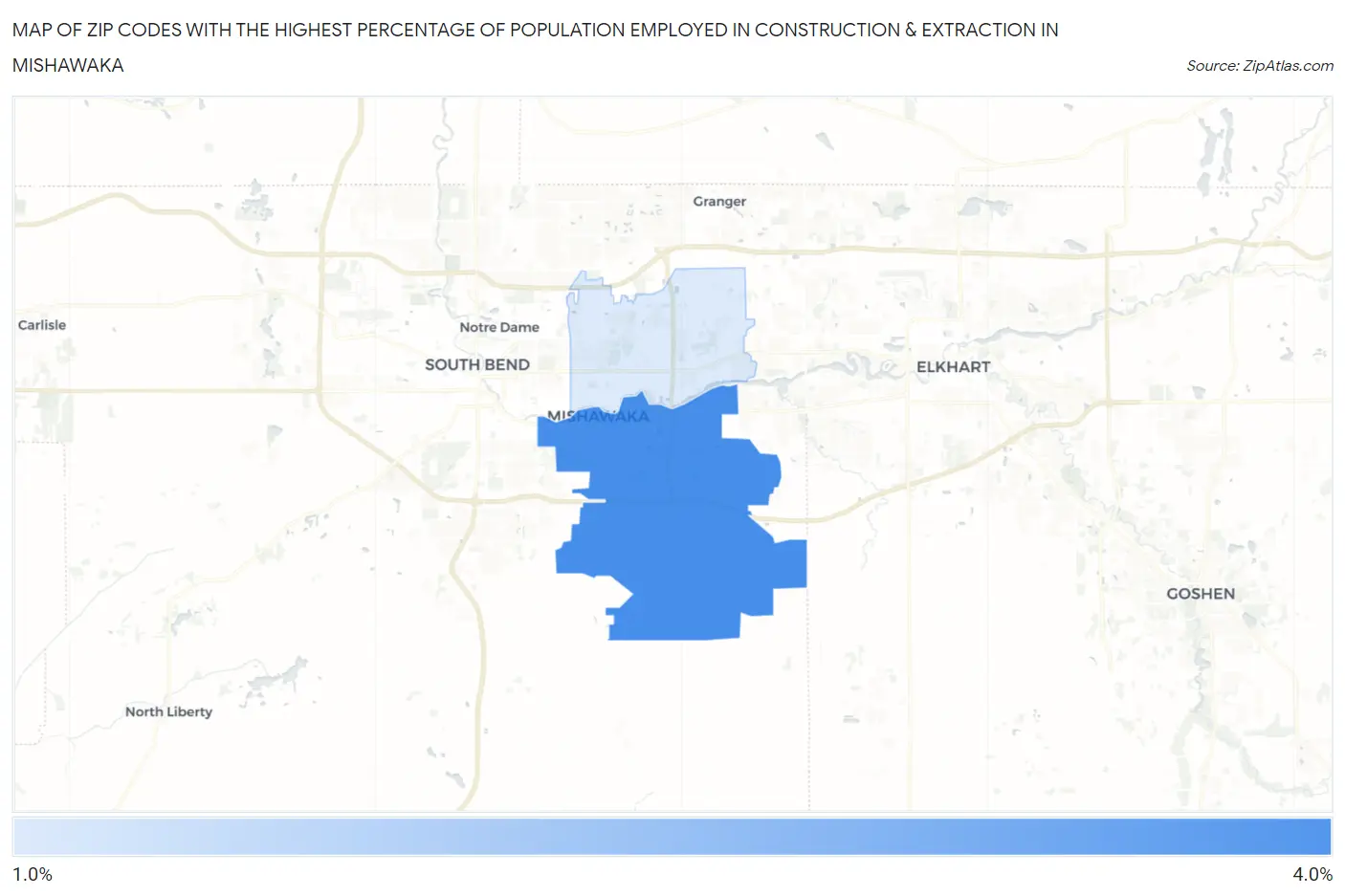 Zip Codes with the Highest Percentage of Population Employed in Construction & Extraction in Mishawaka Map